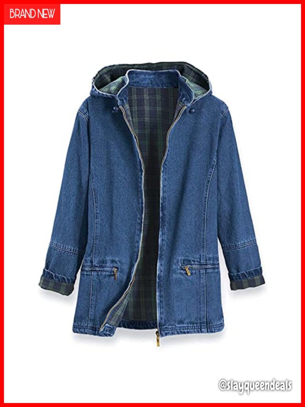 Flannel Lined Denim Jacket with Detachable Hood Zip Front